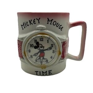 Vintage Disney Enesco Mickey Mouse Time Clock Mug Coffee Cup Pink White VTG